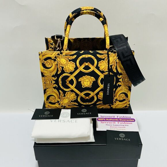 Versace Medusa Black Gold Canvas Medium Tote Greca Strap Bag NWT $1,275 - Picture 3 of 15